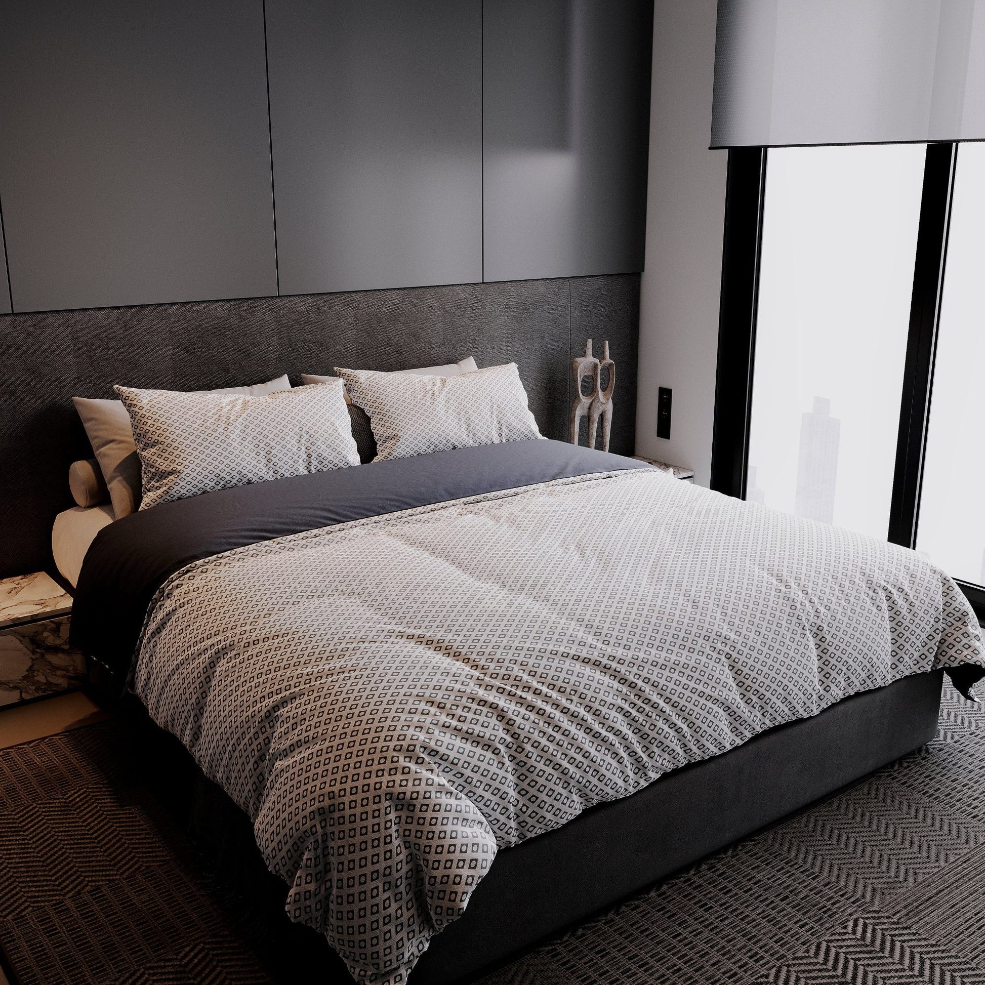 Edredón 144 hilos doble faz diseño Bruma, colección Bosquejo Textil sobre cama