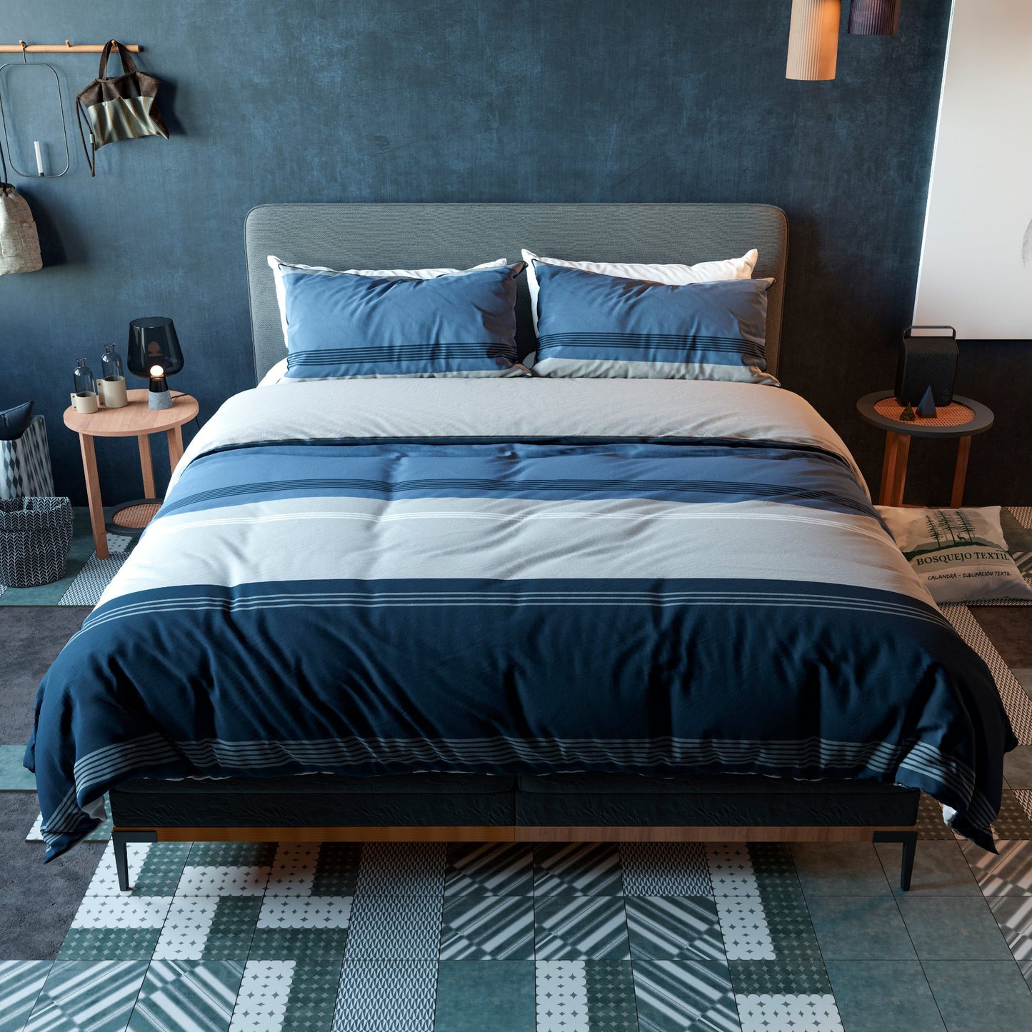 Edredón 144 hilos doble faz diseño Índigo, colección Bosquejo Textil sobre cama