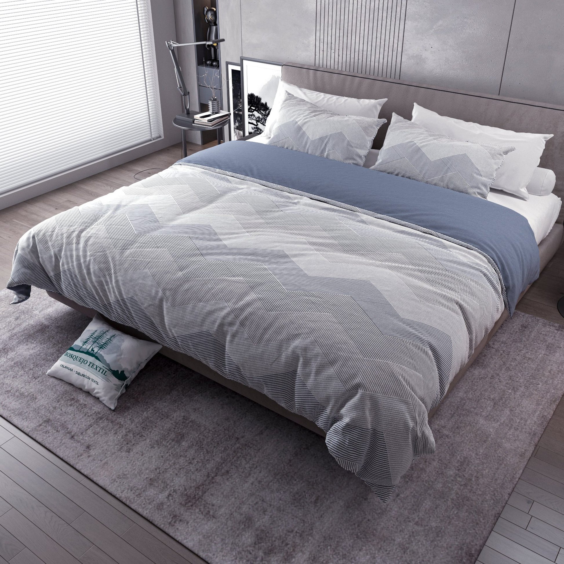 Edredón 144 hilos doble faz diseño Oslo, colección Bosquejo Textil sobre cama