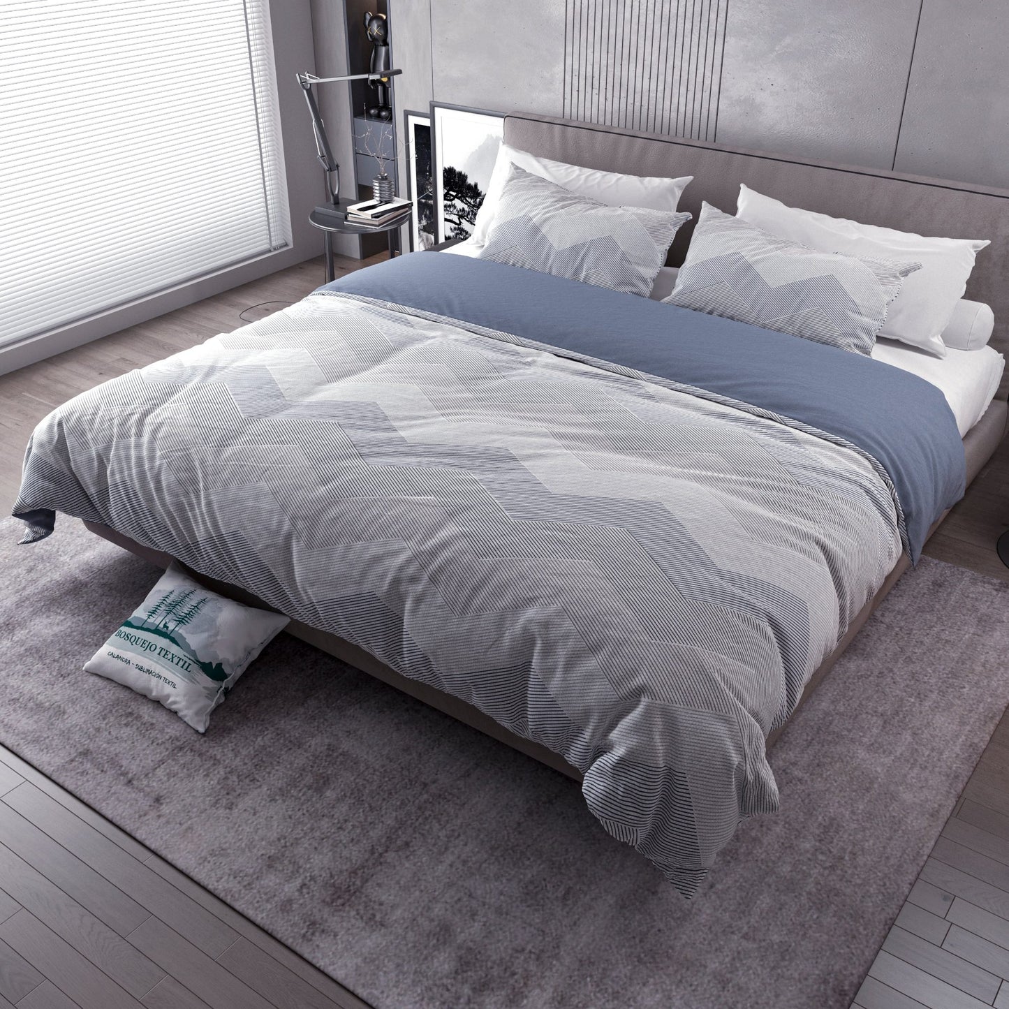 Edredón Oslo 144 hilos doble faz de estética nórdica azul y gris