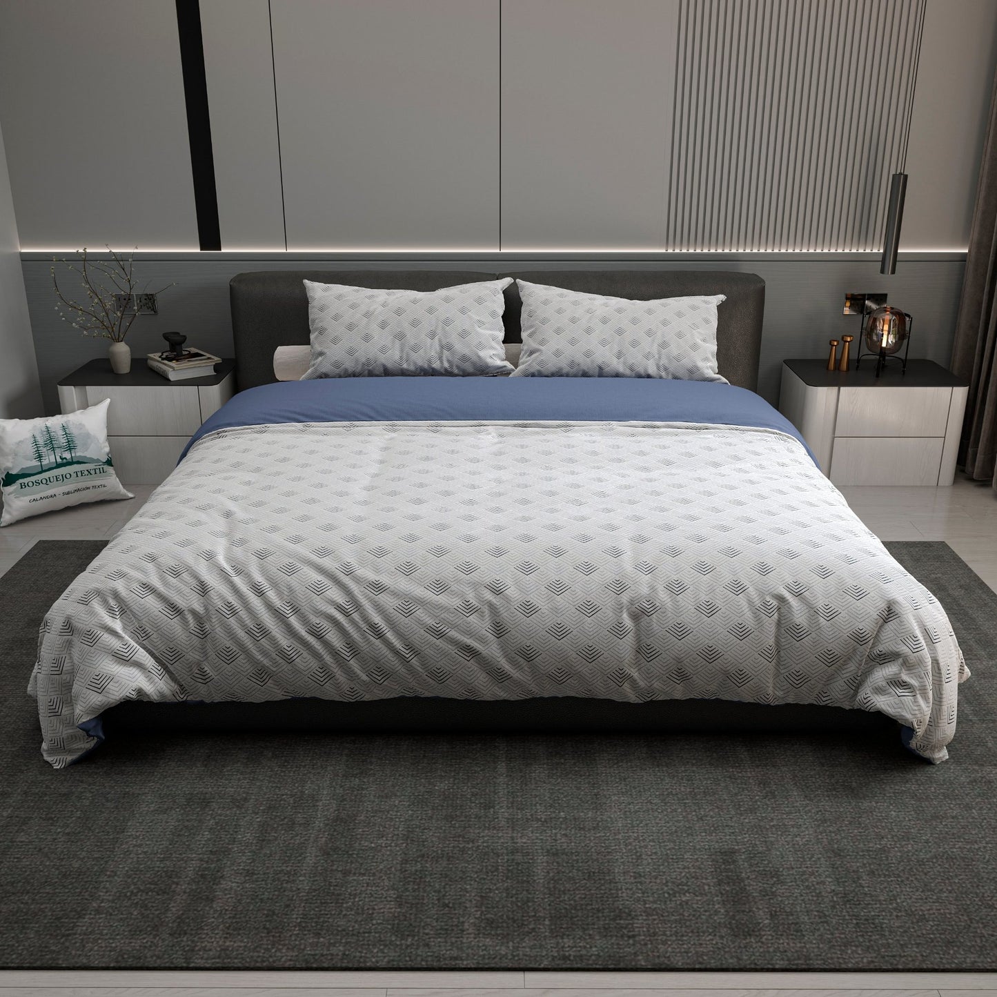 Edredón 144 hilos doble faz diseño Vértice, colección Bosquejo Textil sobre cama