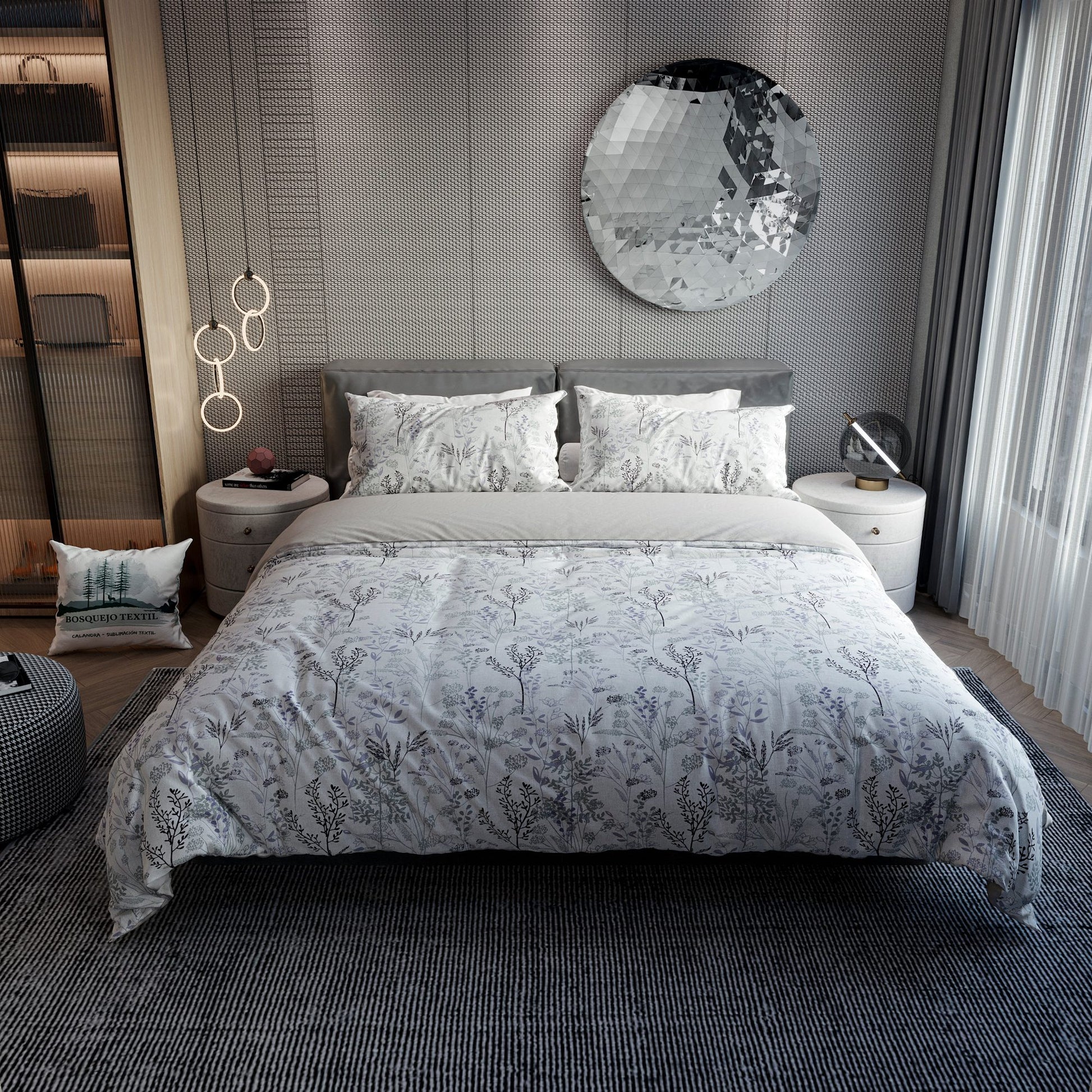 Edredón 144 hilos doble faz diseño Zafira, colección Bosquejo Textil sobre cama