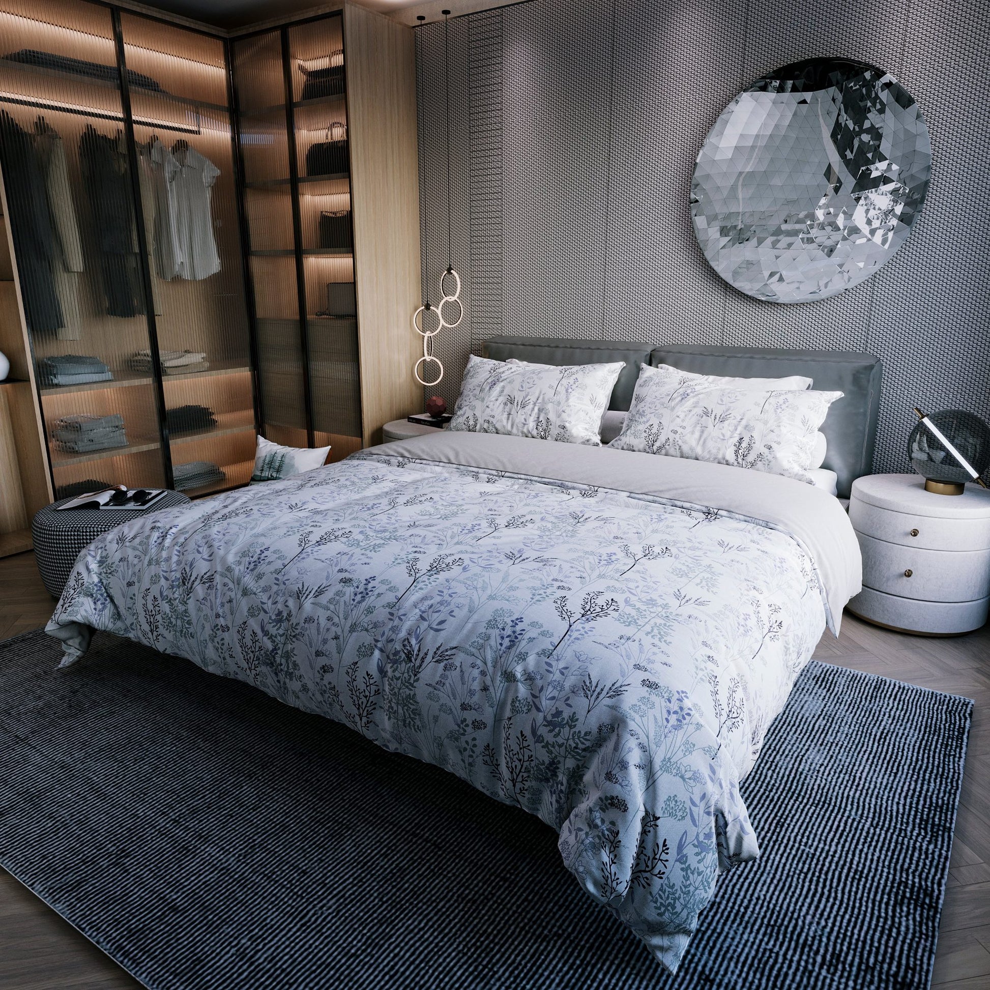 Edredón 144 hilos doble faz diseño Zafira, colección Bosquejo Textil sobre cama