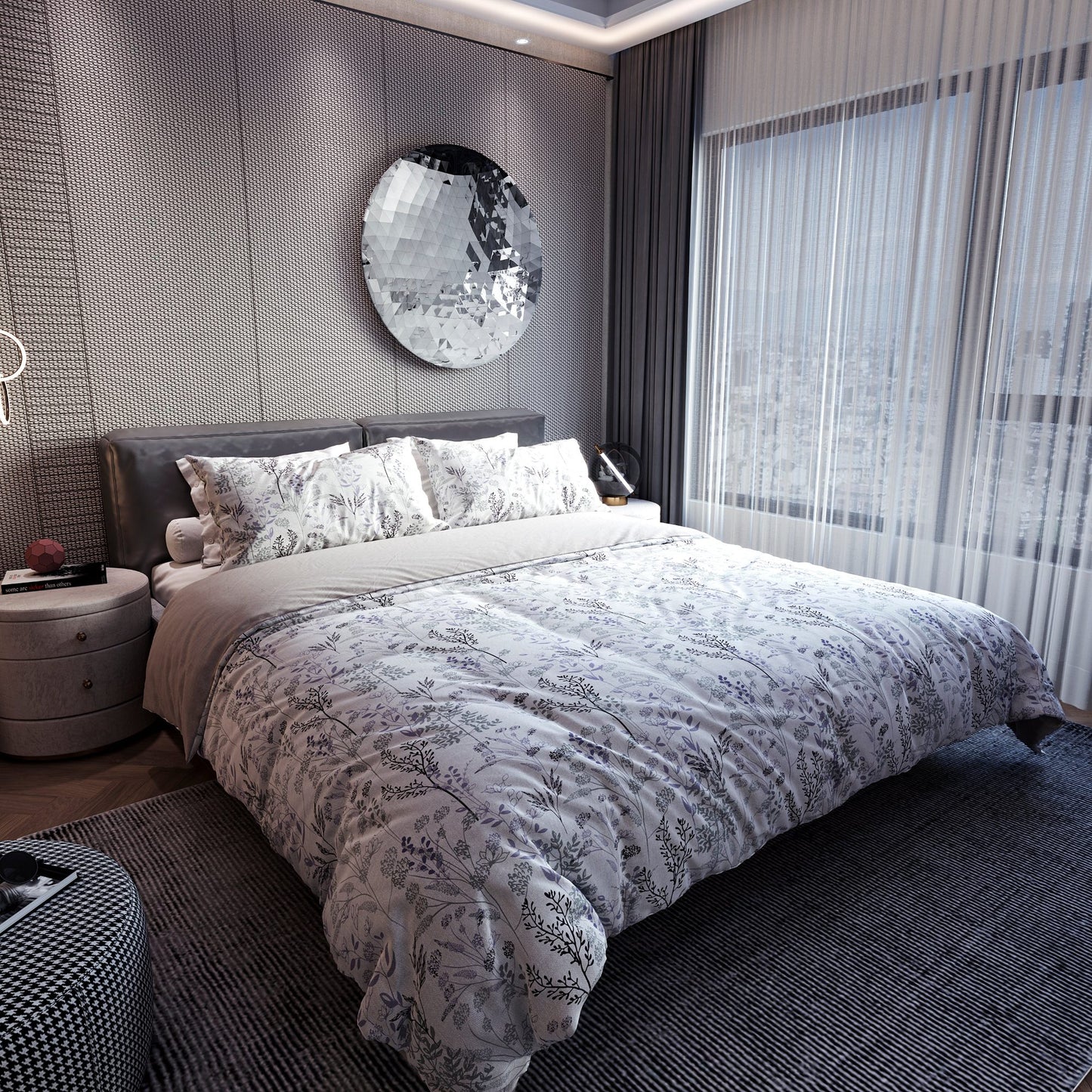 Edredón 144 hilos doble faz, colección Bosquejo Textil sobre cama