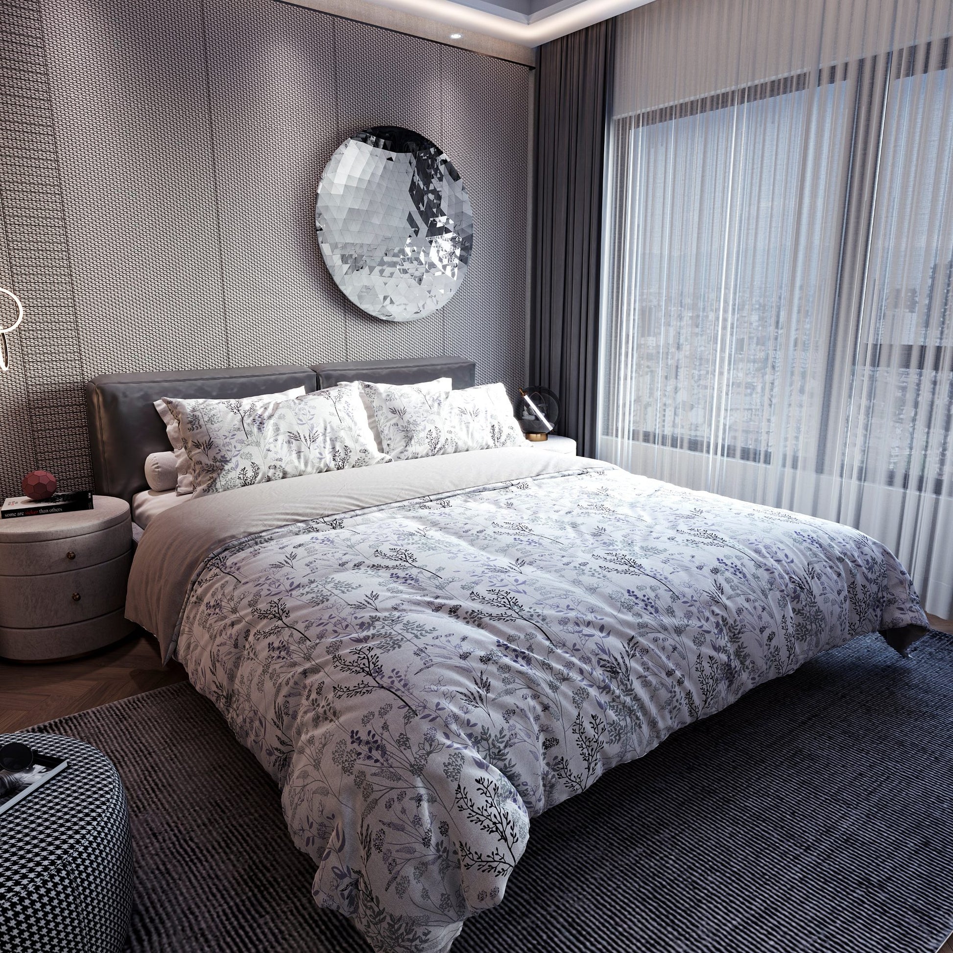 Edredón 144 hilos doble faz, colección Bosquejo Textil sobre cama